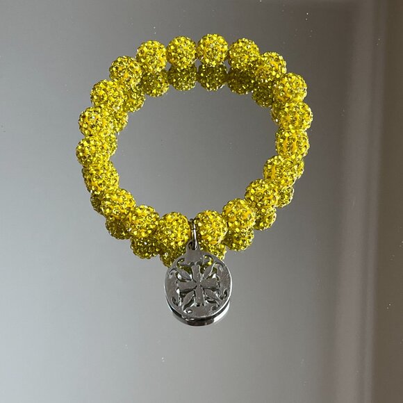 Rustic Cuff Metal Stainless Steel Shambala Beaded Stretch Bracelet Yellow - Picture 3 of 3